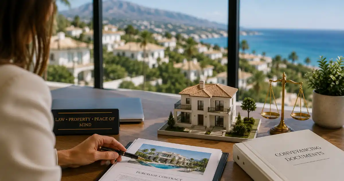 A property lawyer reviewing conveyancing documents and a purchase contract with a Marbella coastal villa and scales of justice on the desk, illustrating the property transfer process