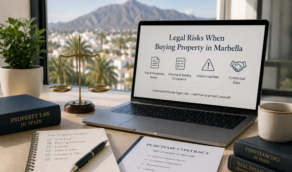 Desk with a due diligence checklist, purchase contract and Spanish property law books, illustrating legal risks when buying property in Marbella