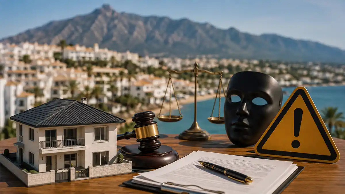 Property lawyer scam warning scene in Marbella — a house model, gavel, scales of justice, contract on a clipboard, a theatrical mask representing deception, and a yellow warning sign on a desk with the Marbella coastline in the background, illustrating how to avoid property lawyer scams in Marbella