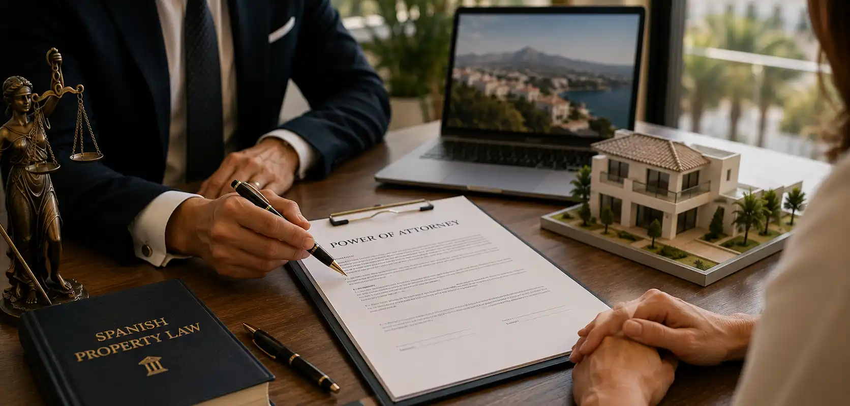 A lawyer signing a power of attorney document for a property purchase in Spain, with Spanish property law books and a Marbella home model on the desk