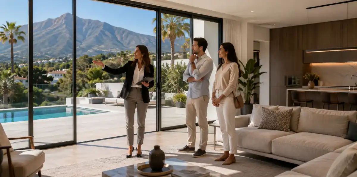 A property lawyer or advisor showing a couple a modern home with pool and mountain views in Marbella during the buying process