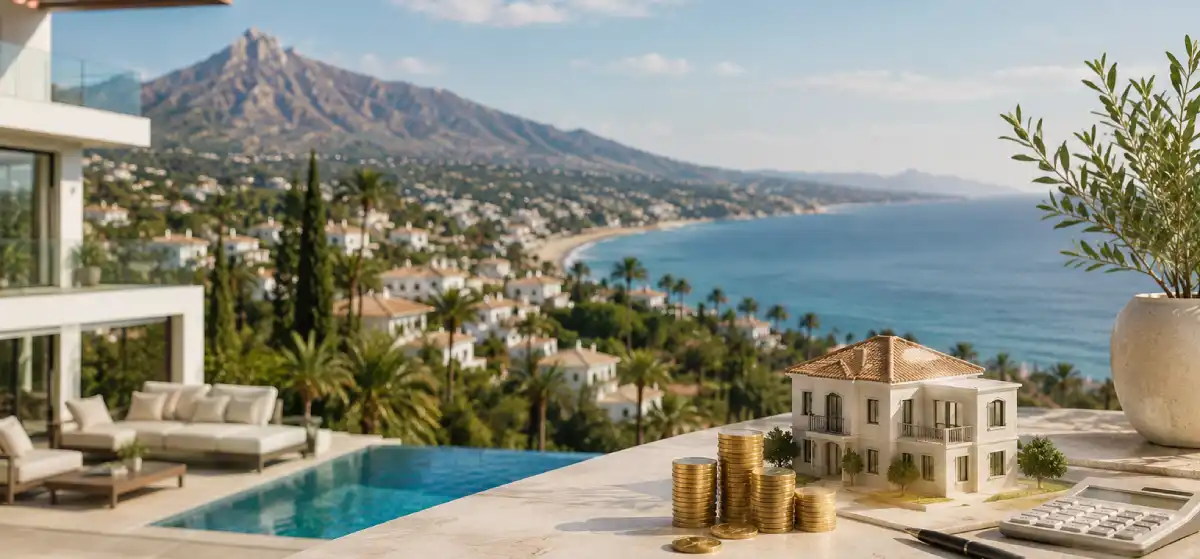 Marbella property market data and prices per square metre with a coastal villa, model home, stacked coins and a calculator overlooking the Mediterranean and La Concha mountain