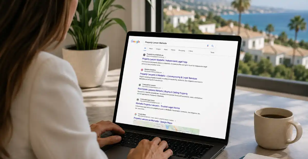 Person searching for property lawyers in Marbella on a laptop with the Mediterranean coast in the background