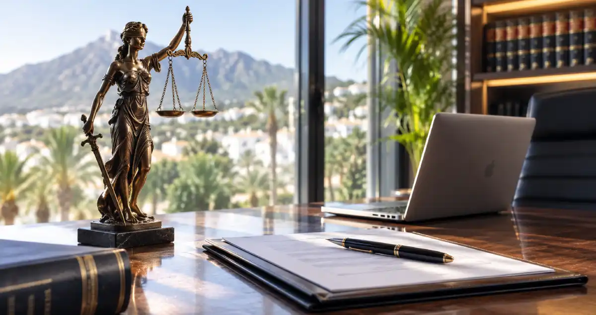 A professional legal desk in Marbella with the Lady Justice statue, documents, and laptop overlooking the Mediterranean coast and mountains