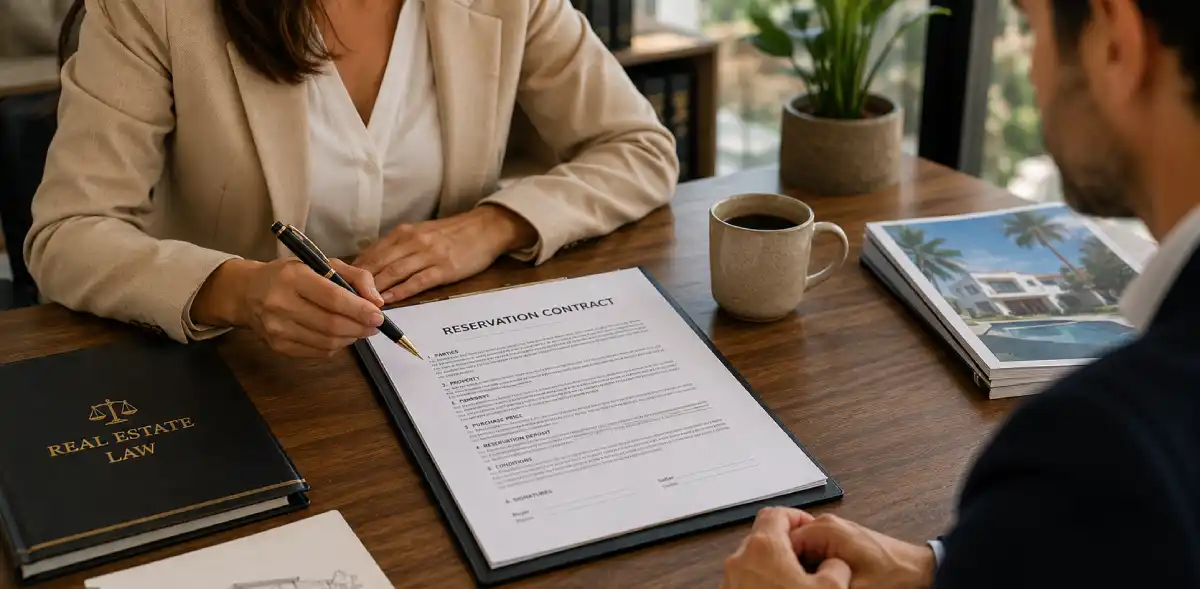 A property lawyer explaining a reservation contract to a client at a wooden desk with real estate law books and a Marbella property brochure