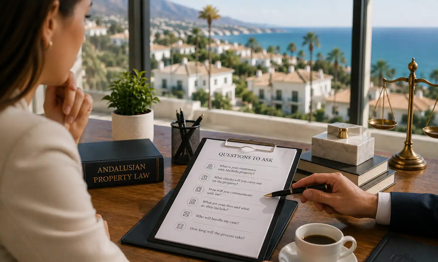 Questions to ask a property lawyer in Marbella — a lawyer pointing to a printed checklist on a desk with an Andalusian property law book and the Mediterranean coast visible through the window