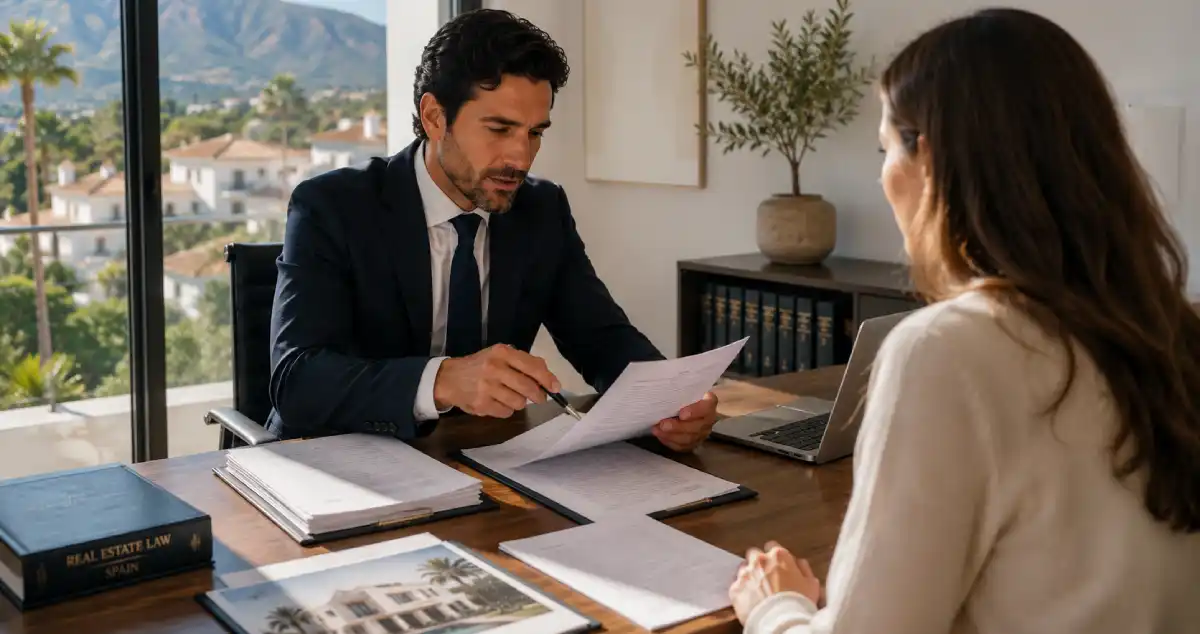 A property lawyer reviewing property documents with a client during the due diligence process for buying property in Spain
