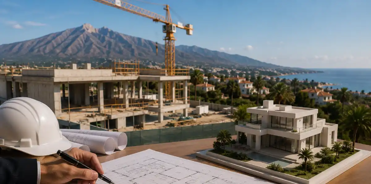 A property lawyer reviewing architectural blueprints for an off-plan development in Marbella, with a construction site and La Concha mountain in the background