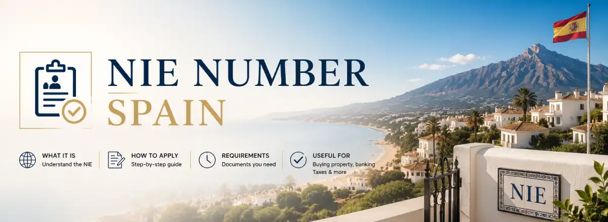 NIE number Spain guide banner showing the Marbella coastline, white Andalusian villas and a Spanish flag
