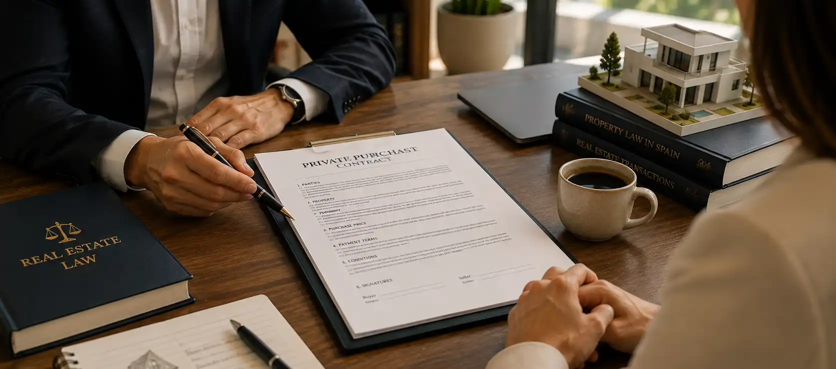 A property lawyer reviewing a private purchase contract with a client in Marbella, with real estate law books and a model home on the desk