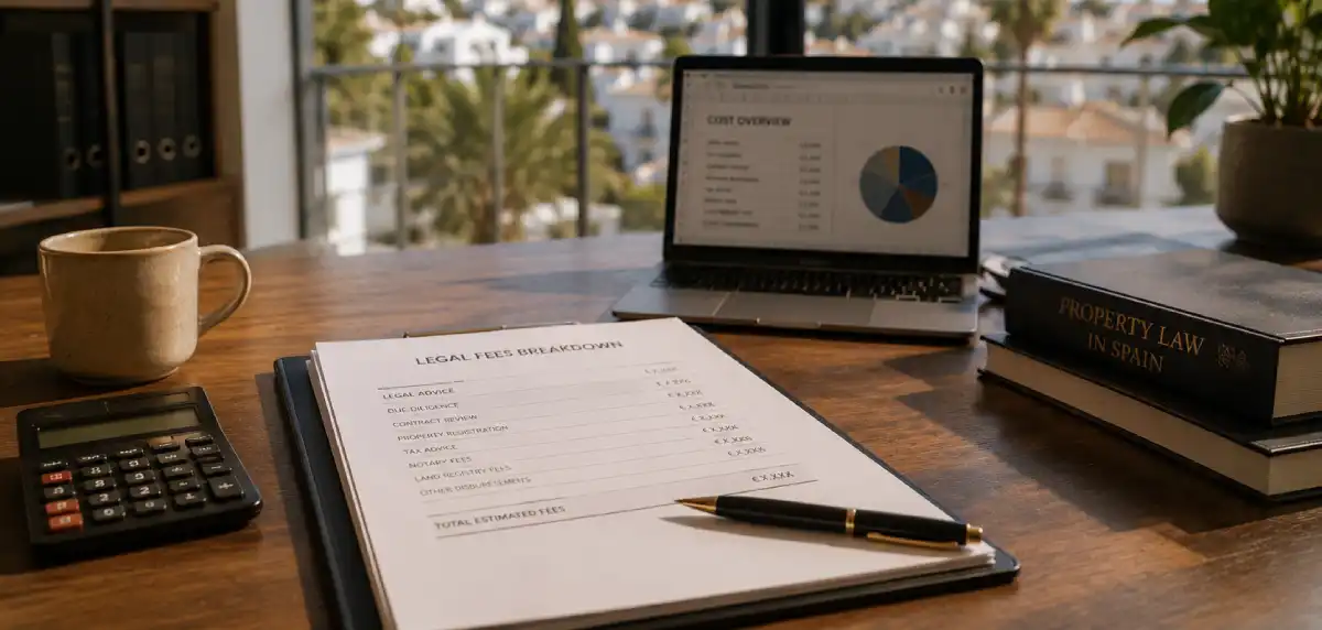 A legal fees breakdown document on a desk with property law books, a calculator, a pen and a laptop overlooking a Marbella balcony, representing property lawyer fees in Marbella