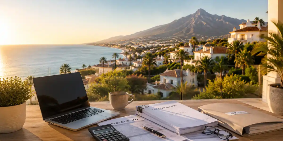 Non-resident income tax in Spain — Modelo 210 tax documents, laptop and calculator on a terrace with Marbella villas and the sea in the background