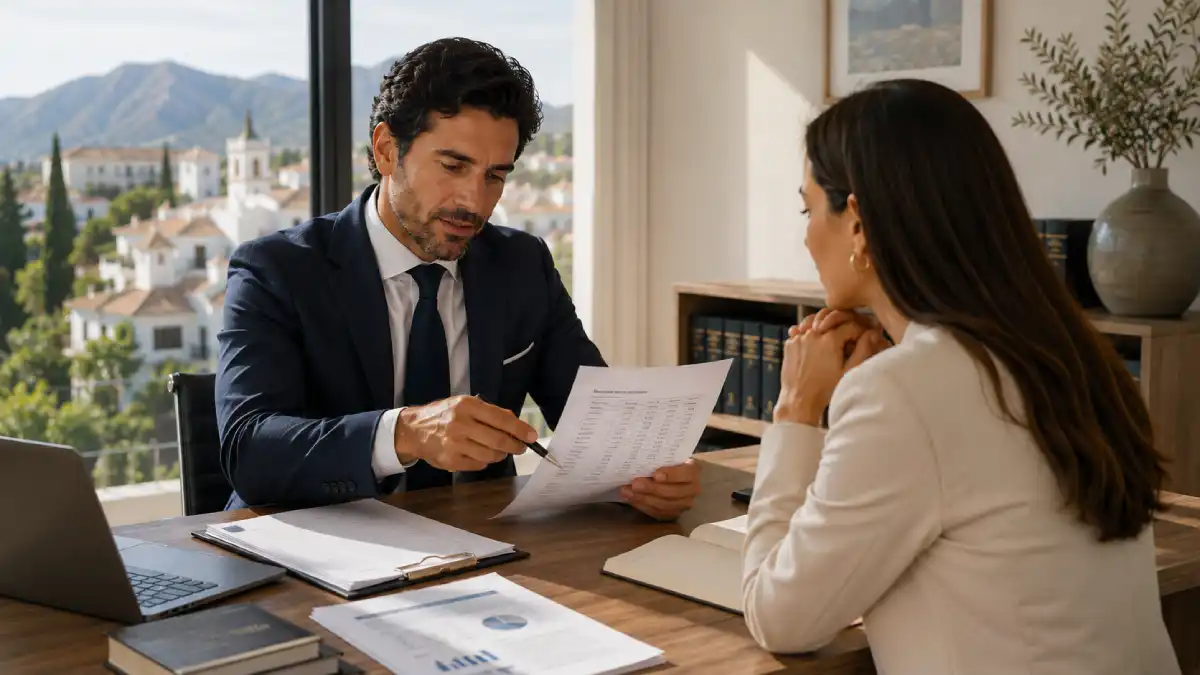A property lawyer explaining tax documents to a client during a property purchase consultation in Marbella