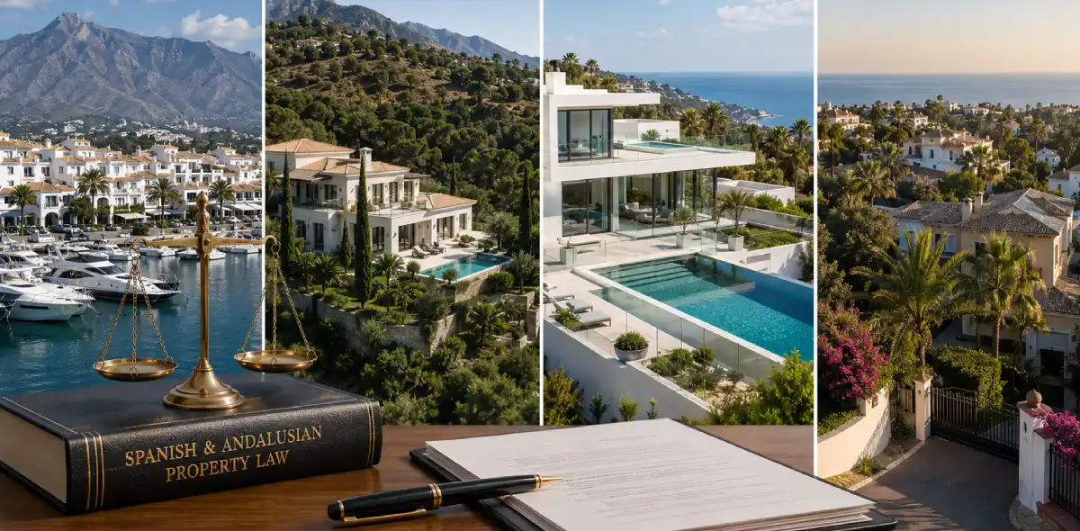 Property law across the Marbella market, showing luxury homes, Puerto Banús marina, the La Concha mountains and Spanish property legal documents