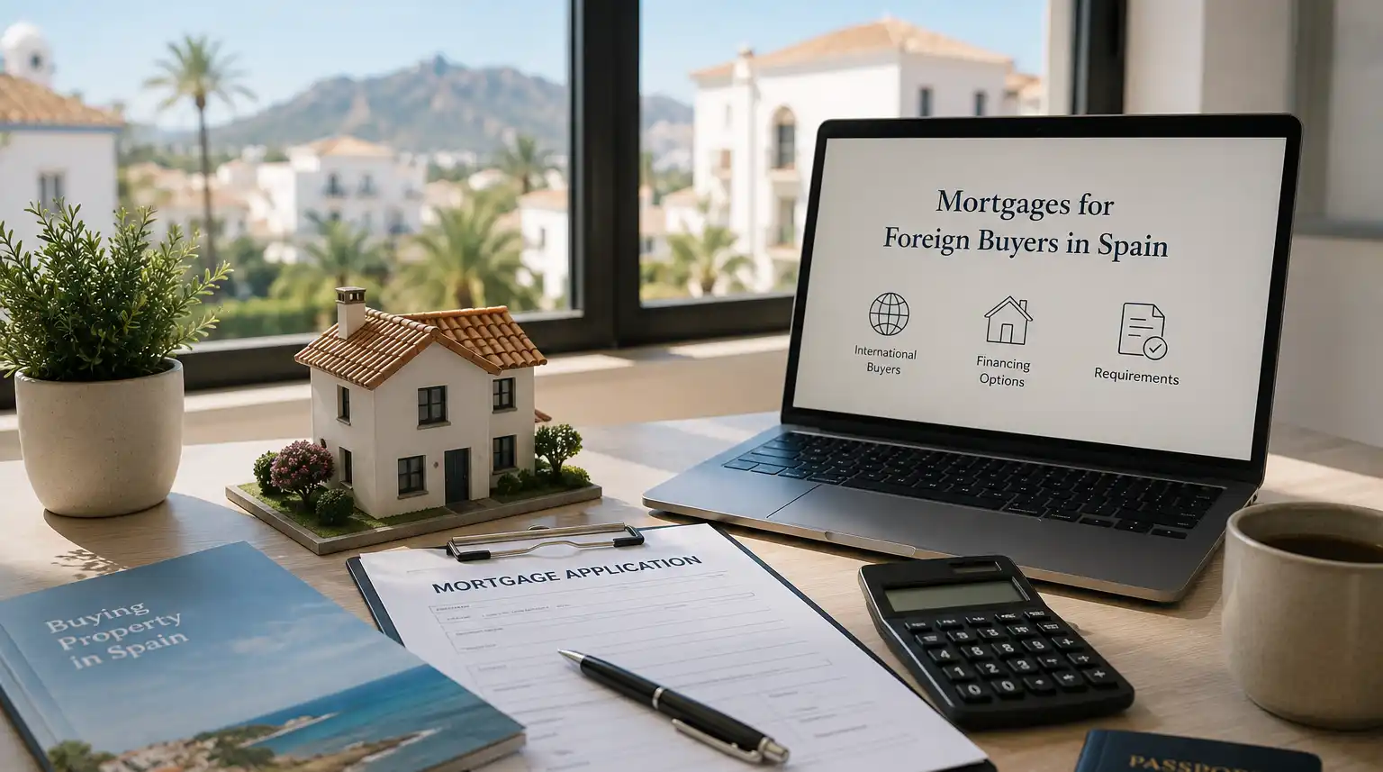 Mortgages for foreign buyers in Spain — a mortgage application, model Andalusian house and laptop on a desk overlooking Marbella villas